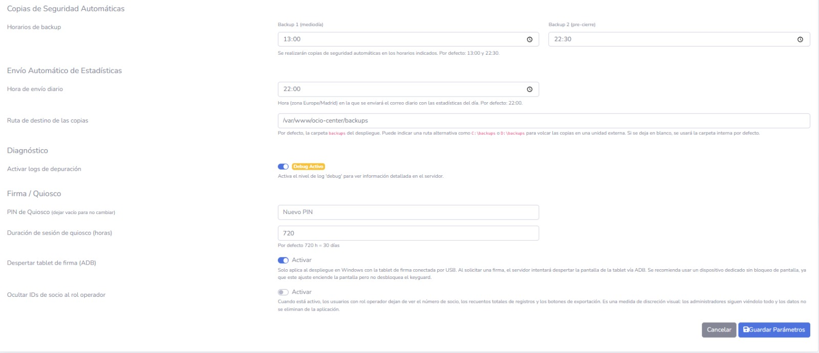 Parámetros de copias de seguridad, estadísticas, quiosco y privacidad visual en Ocio.Center